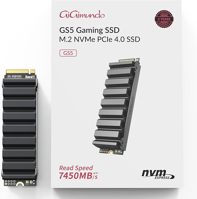 GiGimundo GS5 1TB PCIe Gen4 NVMe M.2 PS5 SSD Interno Gaming con Disipador, 3D Nand TLC Good-Die hasta 7100 MB/s, Compatible con Playstation 5, Ordenador de Sobremesa, Disco Duro SSD