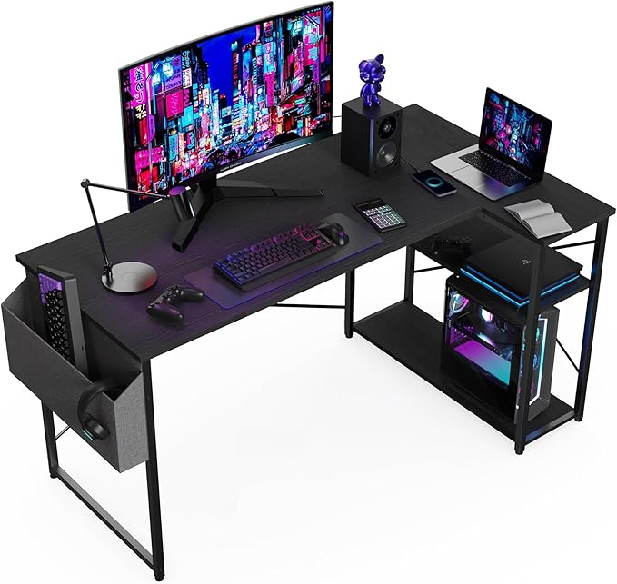 BEXEVUE Escritorio de Esquina Ordenador - 100x70 cm Mesa en Forma L, Estantes de Almacenamiento, Esquina Reversible, Gaming Escritorio Mesa Gamer Desk para Estudio Trabajo Oficina Dormitorio Hogar