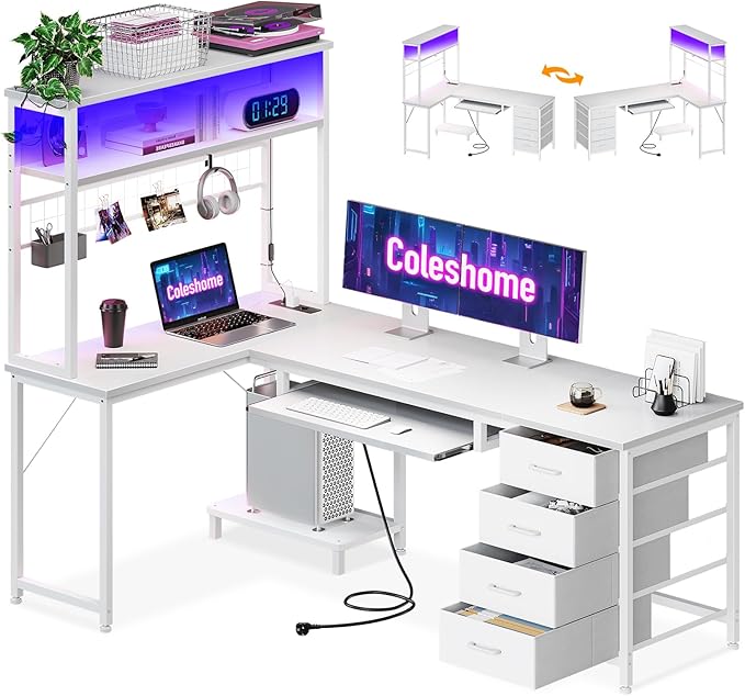 Escritorio Gmaing con Estantes, Mesa Gaming con Cajones y Bandeja para Teclado, Mesa Gamer en L con LED y Toma de Corriente para Jugadores, Blanco, 149.5 × 100 cm