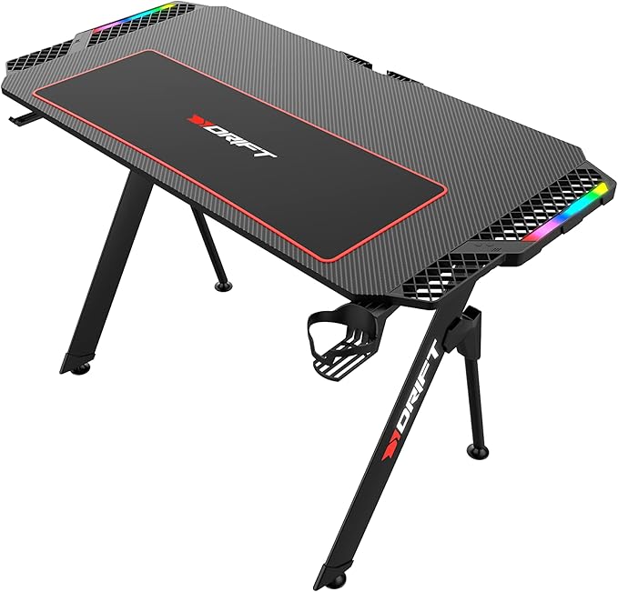 DRIFT GAMING DRDZ150 - Mesa Gaming con Tablero con Acabado en Fibra de Carbono, Alfombrilla Full Size, Soporte Tazas y Auriculares, Extensiones Laterales RGB, Organizador de Cables, Color Negro