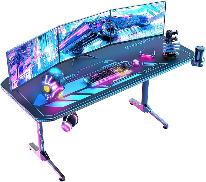 Himimi Mesa Gaming,Escritorio Gaming de Ergonómica, Escritorio Gamer de Fibra de Carbono, Escritorio de Juego con Alfombrilla de Ratón, Portavasos y Gancho para Auriculares,Negro （160x75x75 cm ）
