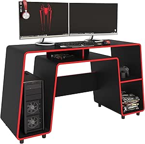 Miroytengo Mesa Gamer London en Negro y Rojo - 1 Estante, Gran Espacio para Torre de Ordenador, Melamina, 150,5 cm