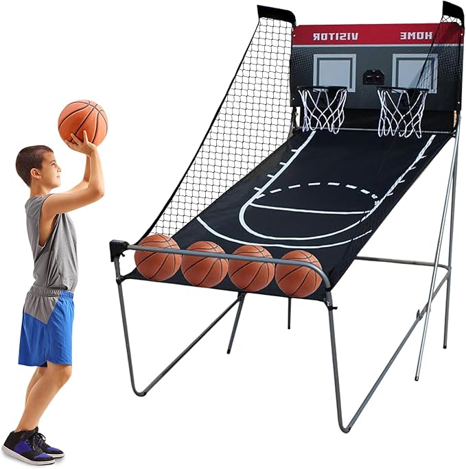 Queeucaer Arcade de baloncesto plegable Dual Shot Arcade, Baloncesto Arcade con puntaje electrónico, Dual Shot Basketball Arcade plegable, 8 métodos de juego