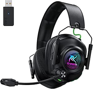 Krysenix KGH2 Cascos Gaming Inalámbricos, 2.4 GHz Auriculares Gaming para PS4, PS5, PC, Mac, Switch, Auriculares Bluetooth con Micrófono, Cancelación de Ruido, Luz LED y Duración 40Hr+, Negro