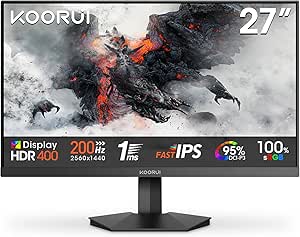 KOORUI G2721P 27 Pulgadas Monitor Gaming Quad HD Fast IPS, 2560x1440, 200Hz, 1ms, Adaptive Sync, HDR400, Inclinación, Eye Care, VESA 75x75mm, 2xHDMI 2.0, DP 1.4