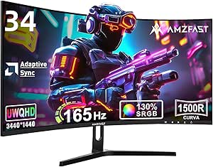 Amzfast Monitor Gaming Curvo 34'' 165 Hz, UWQHD 3440x1440, 21:9, 1 ms MPRT Adaptive Sync sRGB 130% / DCI-P3 95%, HDMI 2.0, DisplayPort, Cuidado de la Vista,VESA 75x75, Pip/PBP, AMZG34C5Q