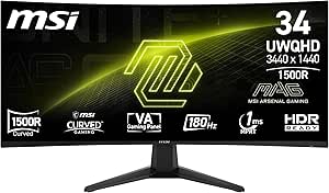 MSI mag 346CQ - Monitor 34" UWQHD, 3440 x 1440, 1500R, Gaming Monitor, VA, 180Hz,1ms, HDR Ready, Eye Care, HDMI 2.0b, DP 1.4a, Sin Marcos, Inclinación Ajustable, Soporte Vesa, Negro