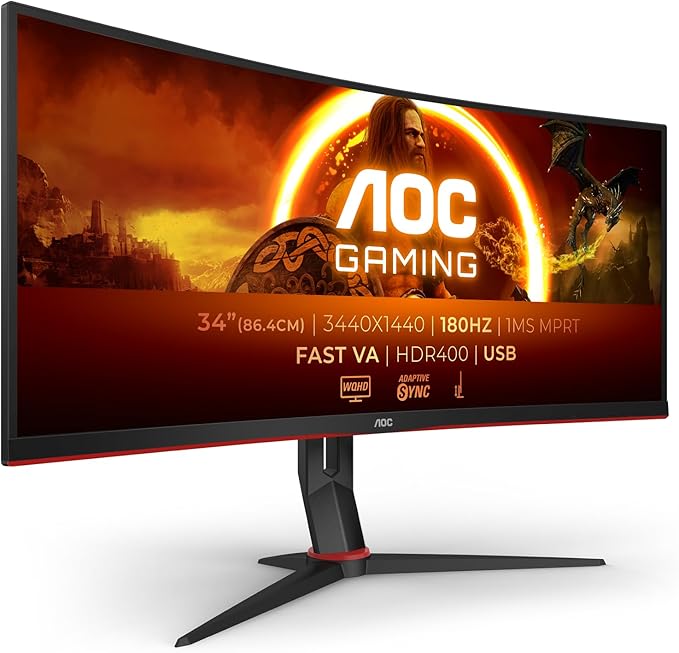 AOC Gaming CU34G2XP, Monitor curvo WQHD de 34 pulgadas, VA, 180 Hz, 1 ms GtG, HDR400, modo Juego, altavoces, Ajustable (1500R, 3440 x 1440, 400 cd/m HDMI 2.0 / DP 1.4)
