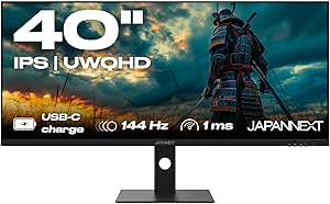 JapanNext Monitor Gaming 40" 144Hz 1ms IPS UWQHD (3440 x 1440) | Carga a través de USB-C(90 W) Inclinación Ajustable Altavoces | G-Sync/FreeSync | Garantía de 3 años | JN-IPS401UWQHD144-C90W