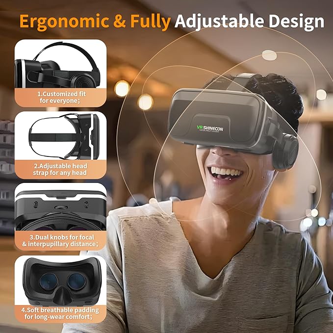 XWP Gafas VR Con Auriculares, Gafas De Realidad Virtual 3D Inmersivas Con Lentes HD Anti Luz Azul, Compatible Con Smartphones De 4,7–7,2 Pulgadas,Para Juegos Y Películas 3D,Regalo Para Niños Y Familia
