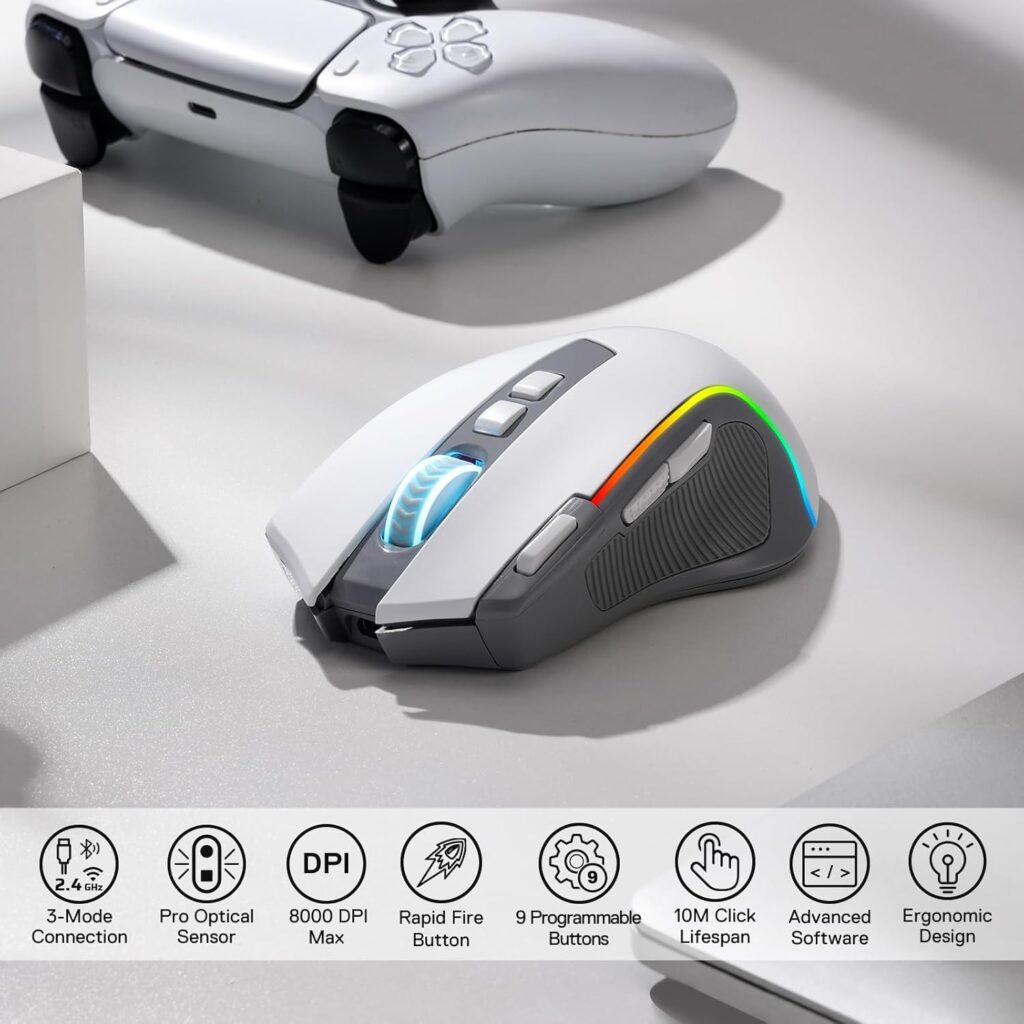 Redragon M612 PRO RGB Gaming Ratón 8000 DPI con cable/inalámbrico Gamer Mouse con 9 botones programables y 6 modos de retroiluminación BT & 2.4G Soporte