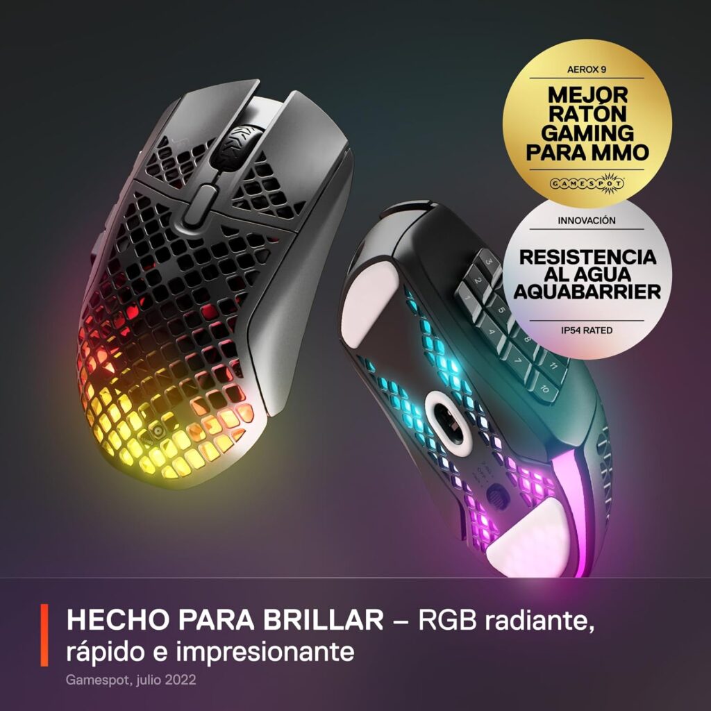 SteelSeries Aerox 9 Wireless - Ratón gaming RGB - Ultraligero resiste al agua - 18 botones - Bluetooth/2,4 GHz - Sensor TrueMove Air 18K DPI