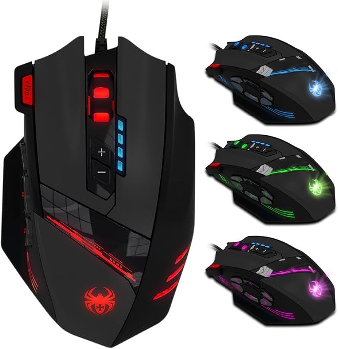 Ratón gaming Dland, 12 botones programables, LED, USB, óptico, profesional, alta precisión, con cable, 4000 dpi, color negro, compatible con Windows 7, 8, XP, Vista, ME, 2000