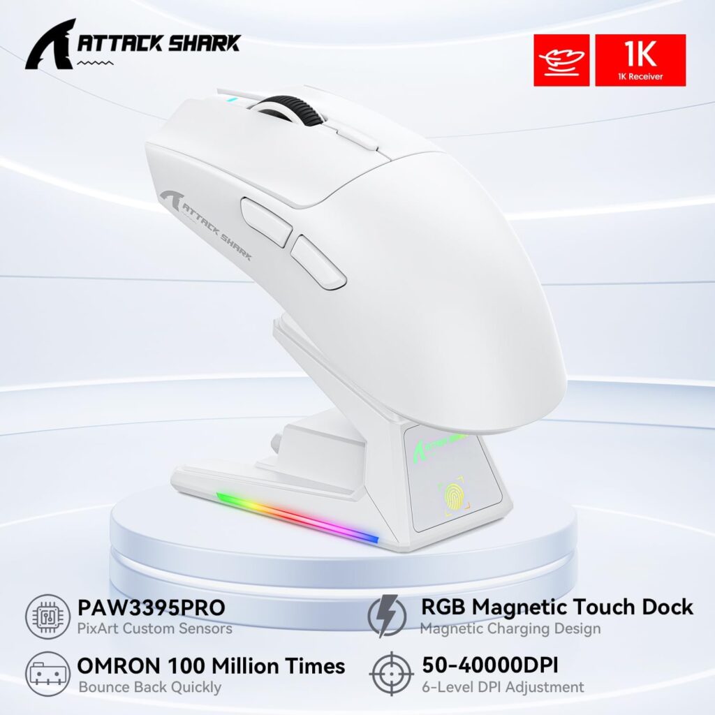 ATTACK SHARK X1 Gaming Mouse with Touchpad RGB Charging Dock, PixArt PAW3395PRO Gaming Sensor, BT/2.4G Wireless/Wired Gaming Mouse, 40000 dpi, 53g