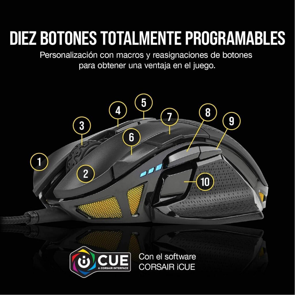 Corsair NIGHTSWORD RGB Ratón de Juego FPS/MOBA con Cable - 18.000 PPP - 10 Botones Programables - Sistema de Pesas - Compatible con iCUE - PC, Mac, PS5, PS4