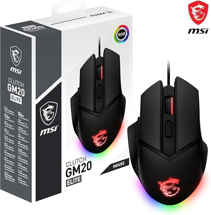 MSI CLUTCH GM20 ELITE Gaming Mouse -Sensor Óptico 6400 DPI. Interruptores OMRON 20M+ Clics, 6-Botones, Sistema de Peso Ajustable, Latencia 1ms, RGB Mystic Light, 98-109g - Ratón Cableado