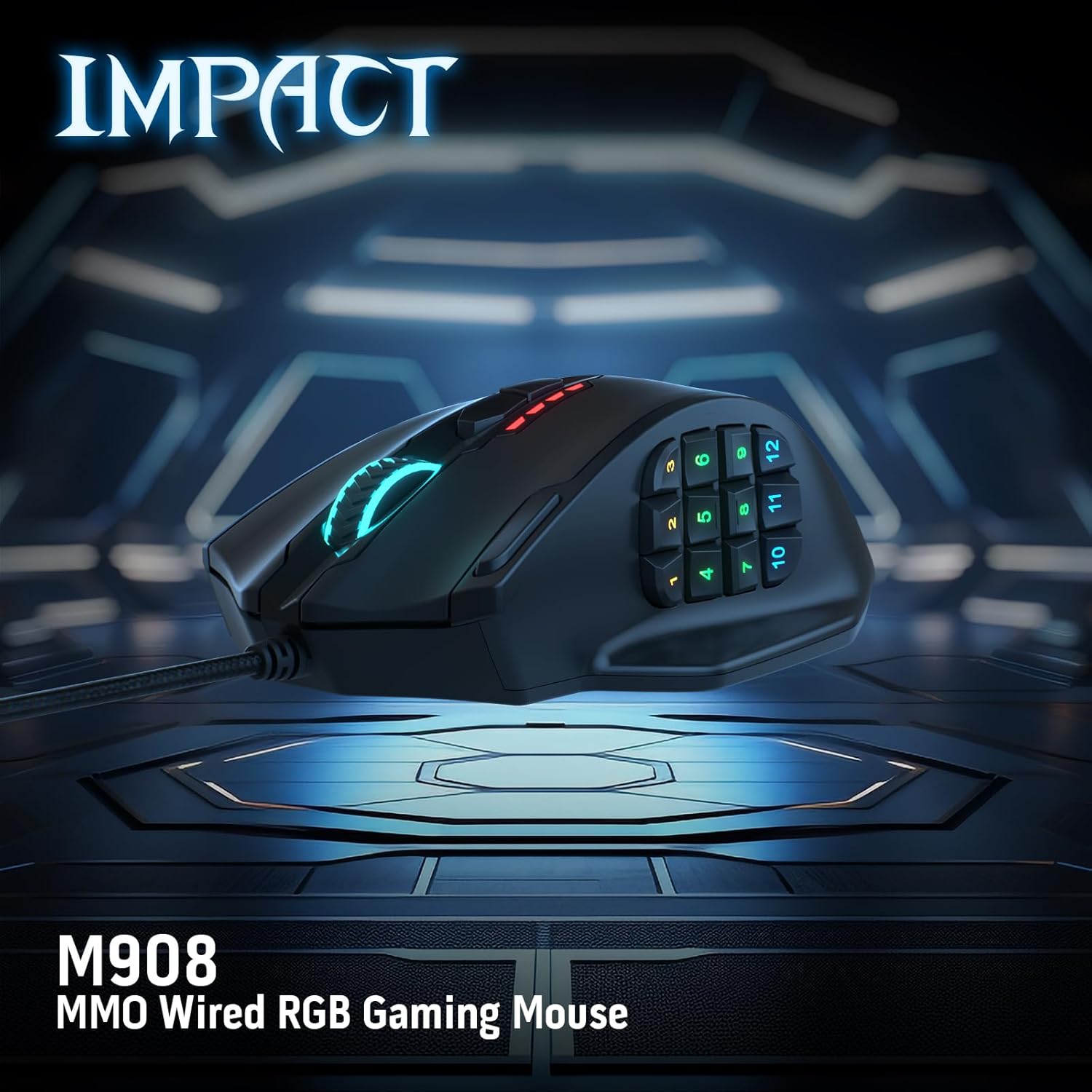 Redragon M908 Impact RGB - Raton Gaming para juegos MMO - Botones laterales - Sensor óptico con 12,400 DPI, Ratón para Windows de alta precisión, 19 botones programables