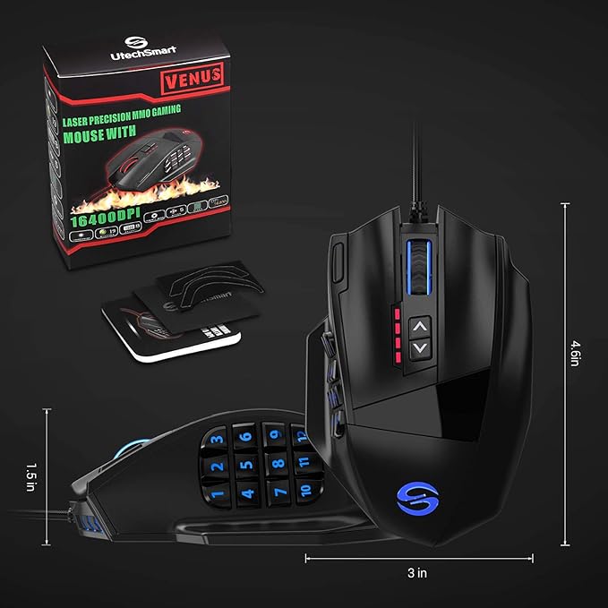 UtechSmart Venus - Ratón láser USB para juegos MMO, de alta precisión (18 botones programables, 16400 dpi), color negro