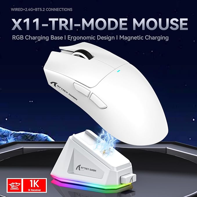 ATTACK SHARK X11 Gaming Mouse with Magnetic Charging Dock, PixArt PAW3311 Gaming Sensor, BT/2.4G Wireless/Wired Gaming Mouse, 22000 dpi, Office Mice Gamer Mice for Win11/Xbox/PS/Mac (White)