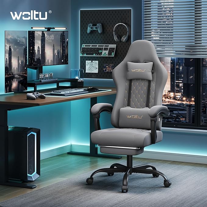 WOLTU Silla Gaming Ergonómica, Silla Oficina con Soporte Lumbar Masaje y Reposapiés Extraible, Silla Giratoria con Gran Asiento de Muelle, Capacidad de 150 kg, Tela de Malla, Gris+Amarillo