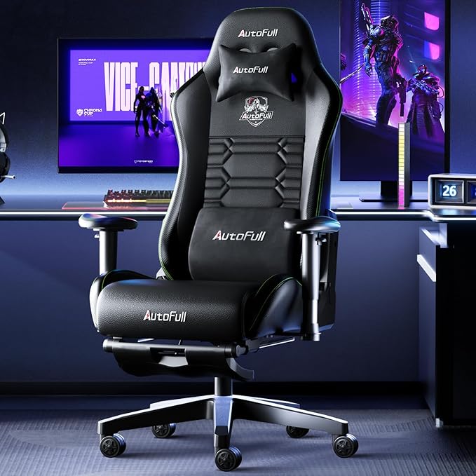 AutoFull C3 Silla Gaming Silla Gamer Ergonómica Silla Oficina Cuero de PU Silla,Altura e inclinación Ajustables,Reposacabezas y Soporte Lumbar,Reposapiés(Garantía de 3 años) (Negro-1)