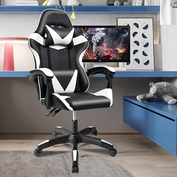 Silla Gaming Ergonómica Reclinable con Cojín Lumbar y Cervical | Altura Ajustable, Reposabrazos Acolchados, Ruedas 360° | Ideal para Oficina, Escritorio, Teletrabajo, Estudio, Juego, Ordenador