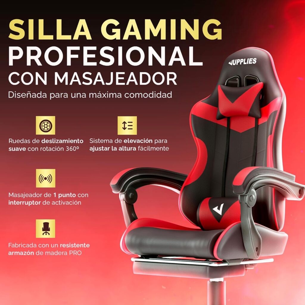 JUPPLIES Silla Gaming Profesional con Masajeador - Silla de Oficina Ergonómica con Reposapiés, Altura Regulable y Respaldo Abatible - Silla Gamer para Juegos