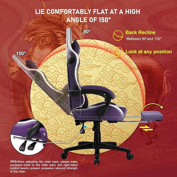 GTPLAYER Silla Gaming Silla Gamer Ergonómicos con Altavoces Bluetooth y Reposapiés Reclinable Silla Oficina Dragon Series con Reposacabezas y Cojín Lumbar para Trabajar y Jugar Morado