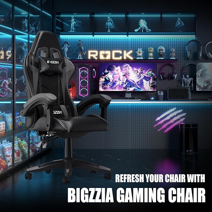 bigzzia Silla Gaming, Silla Ergonómica de Oficina en Cuero PU, Regulable en Altura con Soporte Lumbar y Reposacabezas, Respaldo Reclinable 155°, Silla Gamer Adulto Niño(Gray)