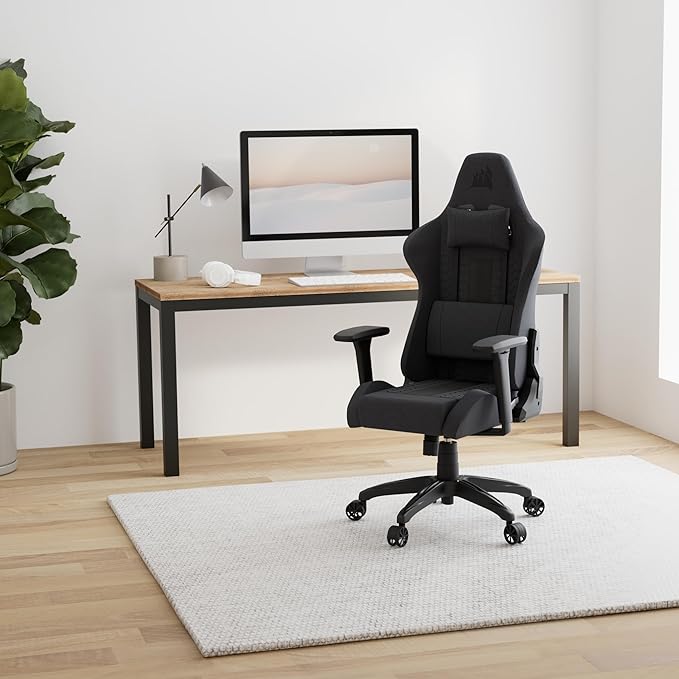 Corsair TC100 Relaxed Silla para Juegos - Fabric - Diseño Inspirado en Las Carreras - Cojín Lumbar - Almohada Cervical Extraíble de Espuma Viscoelástica - Reposabrazos Ajustables - Gris y Negro