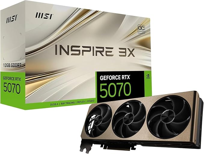 MSI GeForce RTX 5070 12G Inspire 3X OC - Tarjeta gráfica,RTX 5070, 12 GB GDDR7 (28 Gbps/192 bits), PCIe 5.0 - Diseño de Triple Ventilador (3 x Ventilador STORMFORCE) - HDMI 2.1b, DisplayPort
