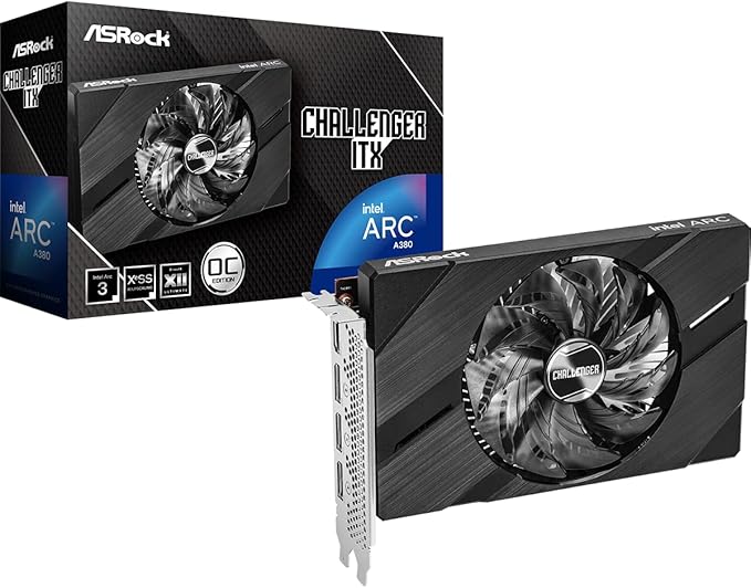 ASRock Intel ARC A380 Challenger ITX 6GB OC, 6GB DDR6, PCIe4, HDMI, 3 DP, Reloj de 2250 MHz, refrigeración de 0 dB, diseño Compacto
