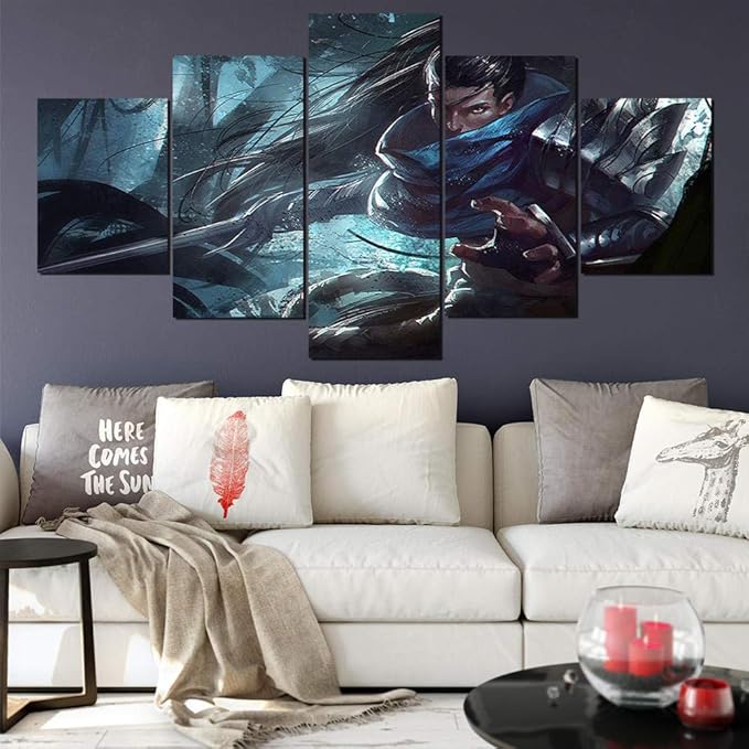 Cuadro League Of Legends Yasuo Juego Xxl Impresiones En Lienzo 5 Piezas Cuadro Moderno En Lienzo Decoración Para El Arte De La Pared Del Hogar 150×80 Cm Hd Impreso Mural (Enmarcado)