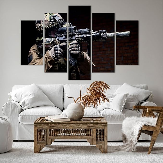Lienzos decorativos 150x100cm Cuadro Sobre Lienzo Moderno soldado rifle Grande XXL Dormitorio Cuadros Pared Imágenes Tríptico 5 Piezas Cuadros Decoracion Salon Wall Art Prints Decor EA150x100-3785