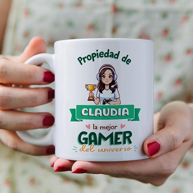 MUGFFINS Tazas Personalizadas para GAMER mujer - En Español - Propiedad de - 11 oz / 330 ml - Regalo Personalizable original y divertido