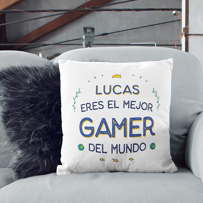 MUGFFINS Cojín Personalizable 40x40 cm para Gamer Hombre Relleno Incluído - En Español - Mejor del Mundo - Regalo Original y Divertido