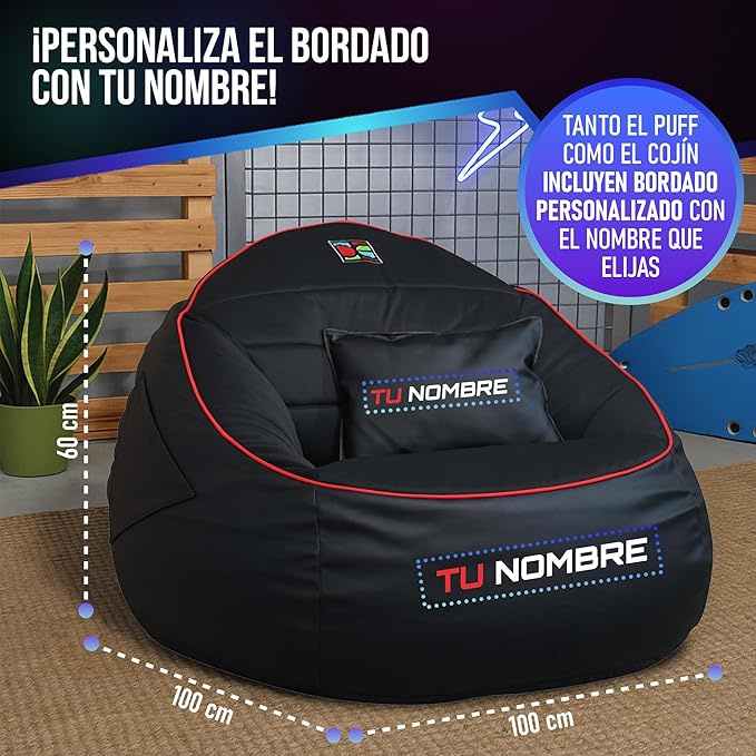 DECORESTOR Puff Gamer Personalizado con Nombre - Relleno y Respaldo Incluidos - Bean Bag XXL Gigante - Regalo para Niños y Adultos - 100% Polipiel