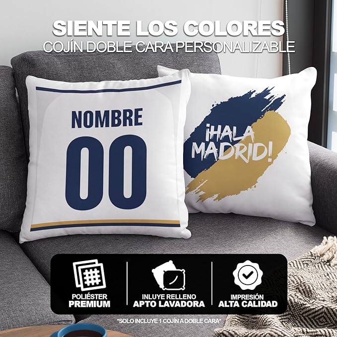Cojín Personalizado Fútbol - Diseño Doble Cara con Relleno Incluido - Regalo Original Aficionados del Fútbol - Regalo Camiseta Equipo Fútbol - Apto para Lavadora (Madrid, 35 x 35 cm)