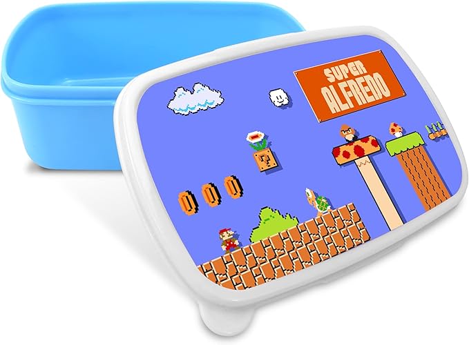 LolaPix Caja merienda. Caja merienda infantil, niña y niño. Caja merienda con nombre y curso. Apta microondas y libre BPA, Filatos y metales pesados. Regalos personalizados. Varios diseños. MARIO