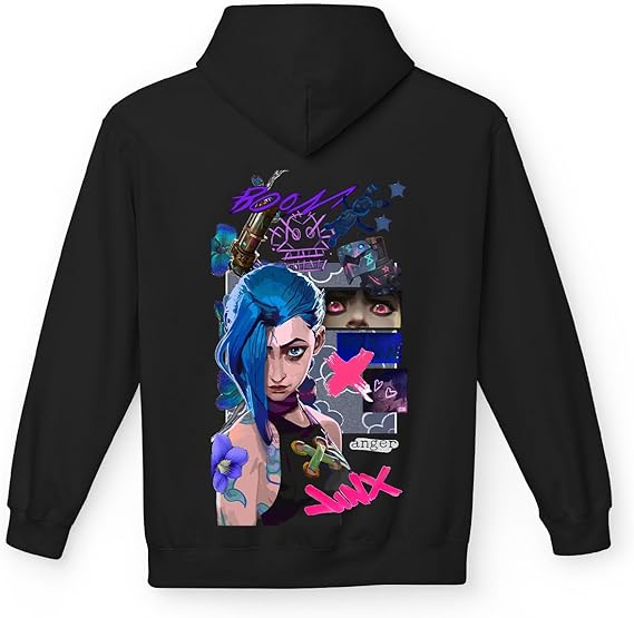 Sudadera Arcane Jinx - League of Legends | Sudadera con Capucha Unisex Negra | Made in Italy para entusiastas de los videojuegos y del anime |