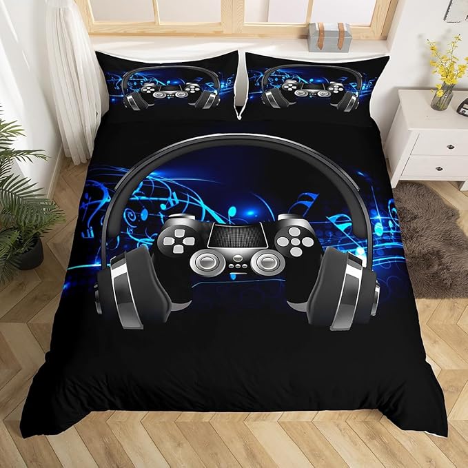Juego de Ropa de Cama Auriculares Gamepad,de melodía,Funda de edredón niños,Videojuegos,Juego de Juegos,Funda Colcha,colección 2 Unidades,Individual,Color Negro