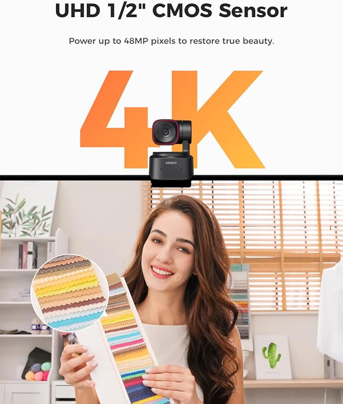 OBSBOT Tiny 2 Lite Webcam 4K para PC, Cámara de Streaming PTZ con Seguimiento IA, Sensor 1/2", Control Gestos, 60 FPS, HDR, Micrófonos, Cámara Web para Ordenador, Portátil, Reuniones, Videollamadas.
