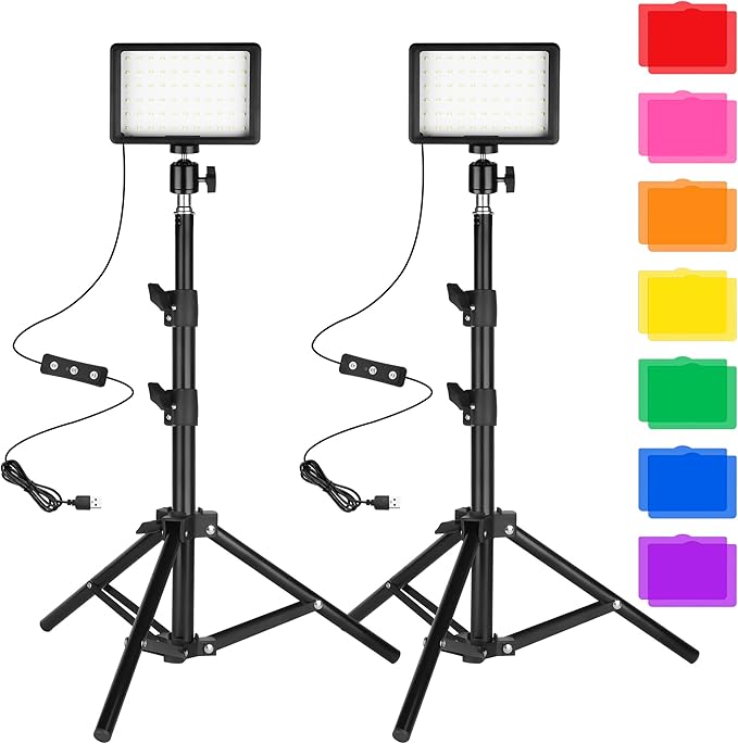 Luz LED de Foto y Vídeo 2-Pack, Ci-Fotto Dimmable 5600K USB Luz Continua de Fotografía con Trípodes y Filtros de Color para Estudios de Fotografía, Youtube, TikTok, Grabación de Video, Game Streaming