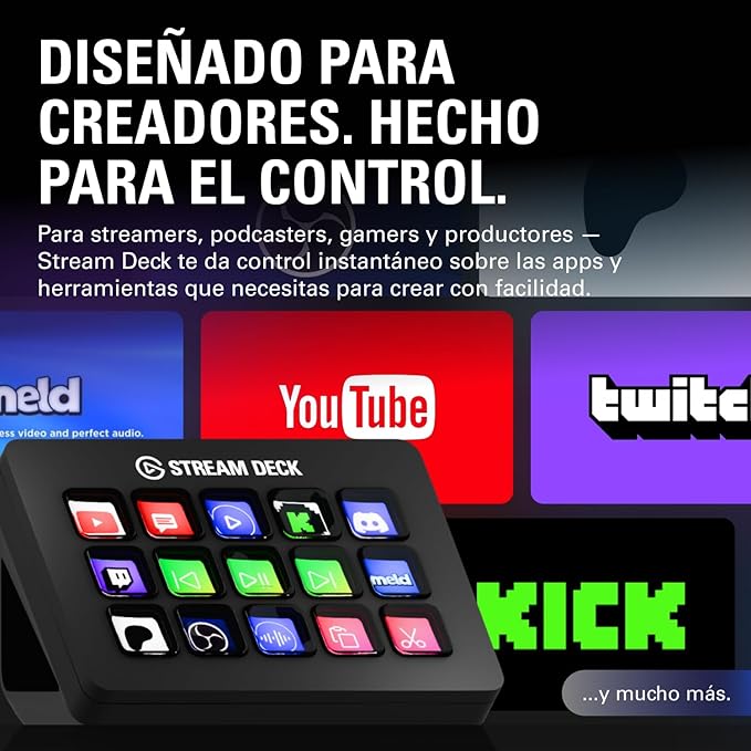 Elgato Stream Deck - Controlador de estudio, Activa acciones en apps y software como OBS, Twitch, ​YouTube y otros, funciona en Mac y PC, Color Negro, 15 Teclas (MK.2)