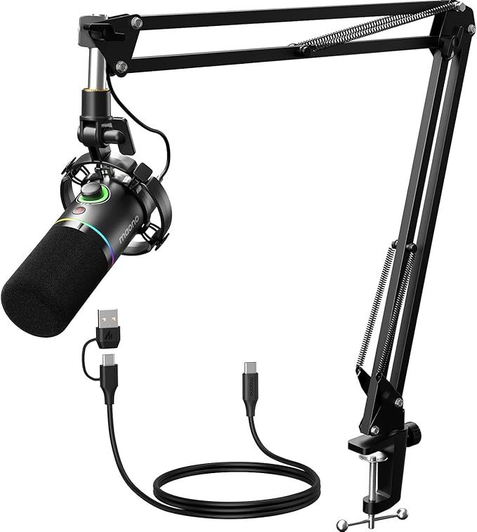 MAONO XLR/USB Microfono dinámico, Micrófono para Podcast con Brazo, Software, botón de Silencio, Control de Ganancia, para PC Gaming, Streaming, grabación, Mezclador PS4/5 Mac, etc. PD200XS
