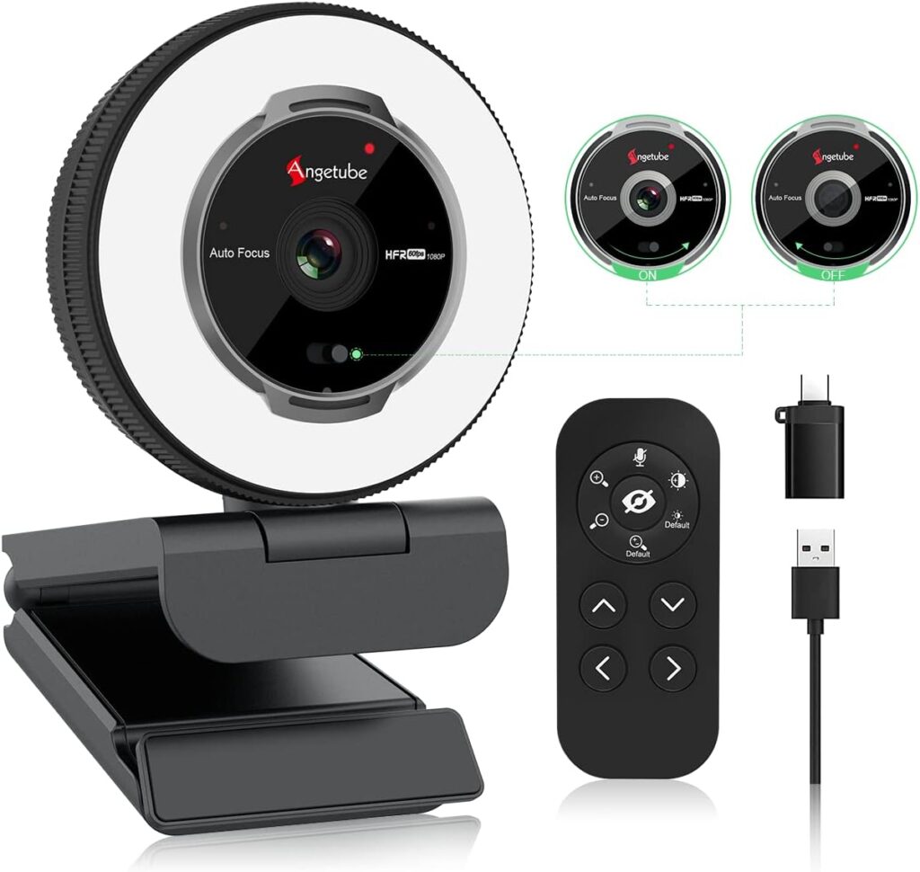 Angetube Streaming Webcam con Micrófono - Webcam USB 1080P 60FPS con Luz de Anillo y Control Remoto - Cámara Web HD con Zoom Digital 5X Cubierta de Privacidad incorporada