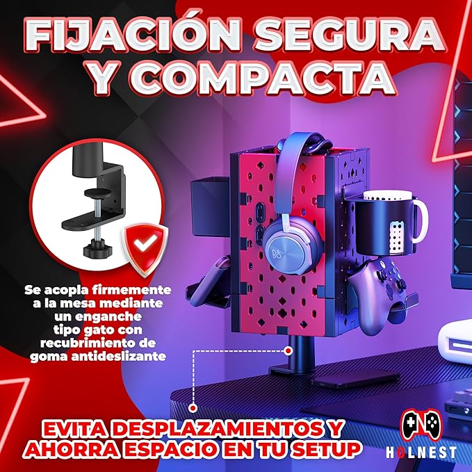 HOLNEST Soporte Auriculares Gaming para Escritorio, Soporte Mando y Cascos, Accesorios Gaming, Accesorios Setup Gamer para Habitacion