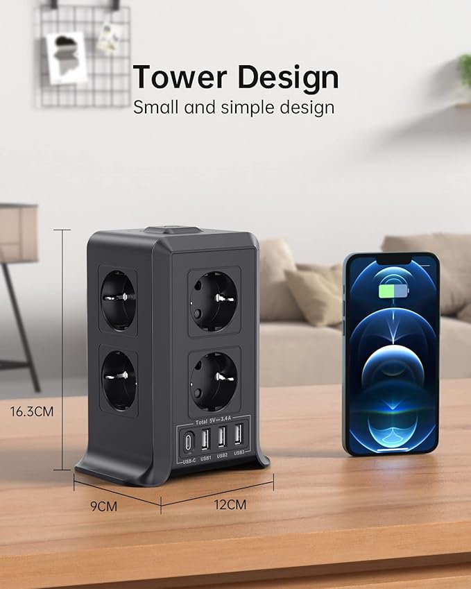 Torre Regletas Enchufes, Regleta USB 8 Tomas de AC y 4 USB Enchufe Multiple, 2500W/10A,Regleta Enchufes Proteccion Sobretension, 2M Regreltas Vertical con Interruptor para Mesa, Oficia, Casa, Negro