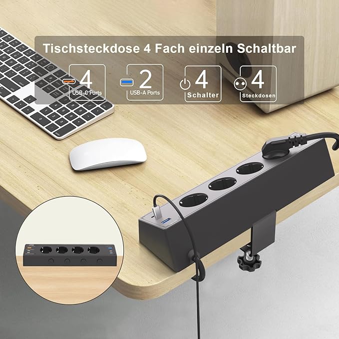 Toma de Mesa con USB C, Regleta Enchufes Proteccion Sobretension,Regleta 4 Enchufes con Conmutable Individualmente,Enchufes Multiple con Dispositivo de Sujecióncon y Cable 2M para Oficina,Negro