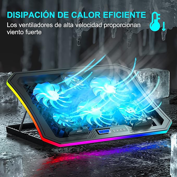 TopMate C12 Base Refrigeradora Portatil Gaming RGB para Escritorio y Regazo, Refrigeración para Portátiles de 15,6-17,3", 8 Alturas Ajustables con 6 Ventiladores y Soporte Teléfono-Luz LED Azul Hielo